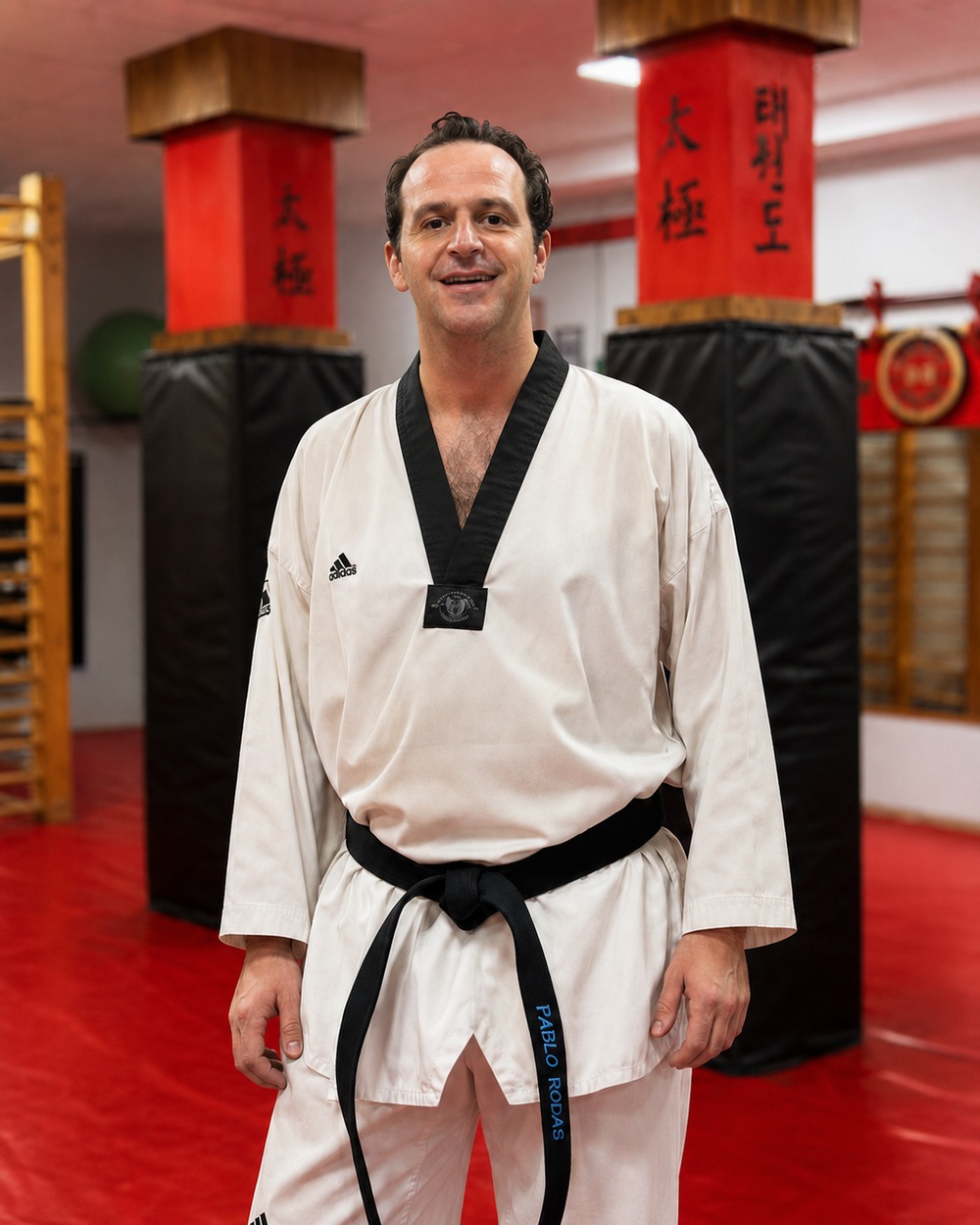 Retrato de Pablo Rodas Fernández con dobok y cinturón negro en el dojang